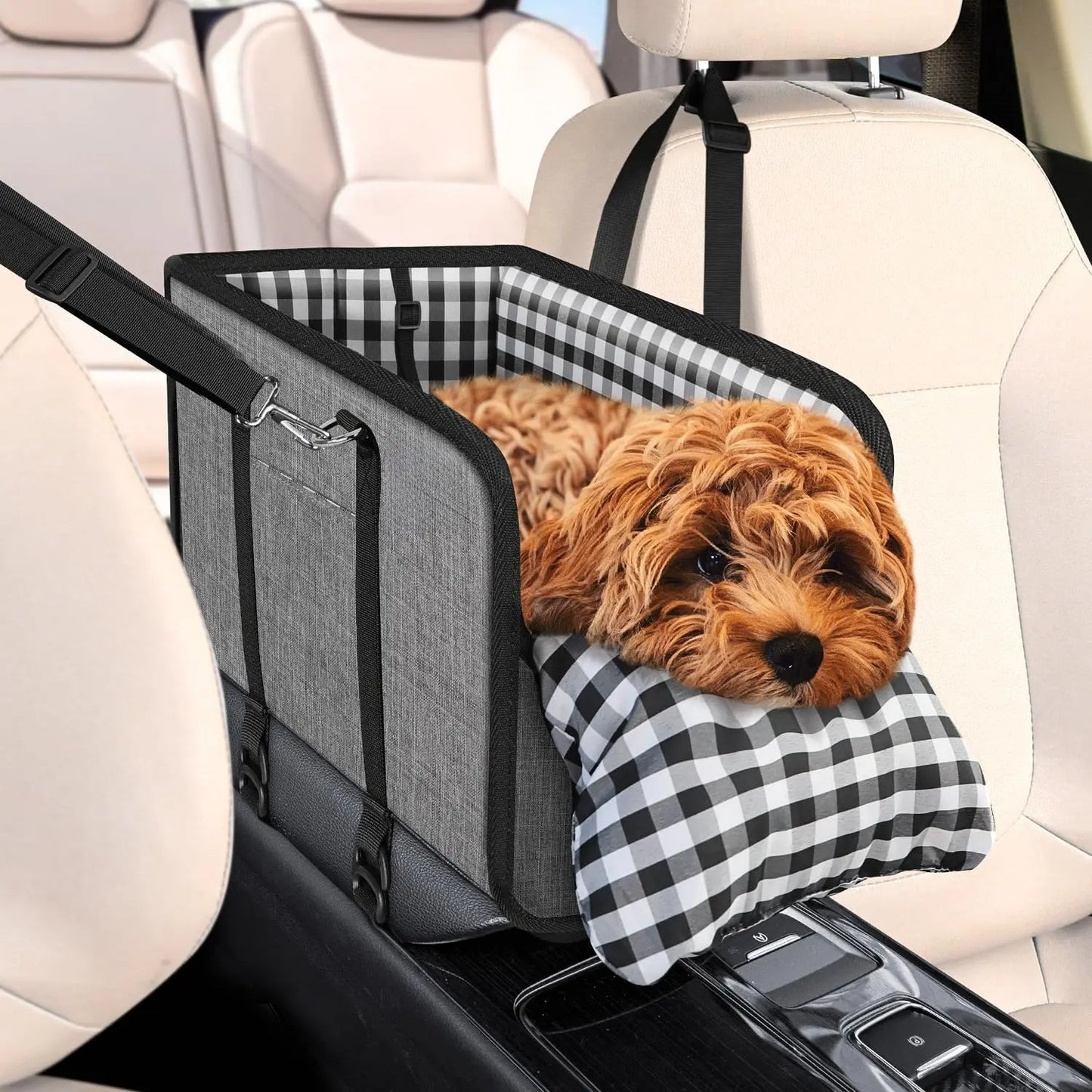 Premium Center Mount Car Pet Booster Seat for Small Cats & Dogs (Under 11 Lbs) - Cars Accessories, Anti-Collapse Carrier Bag, Elevated, Plush Mat, Secure Safety Tether, Plaid Design