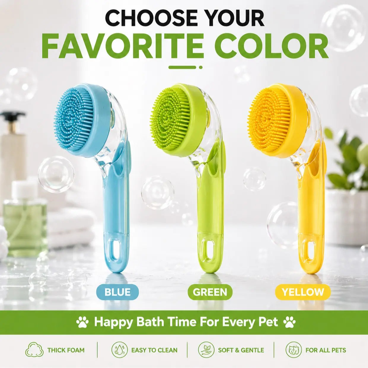 3-In-1 Pet Bath Brush with Shampoo Dispenser for Dogs & Cats, Ergonomic Handle, Gentle Massage Grooming Tool, Easy to Use, Essential Dog Bath Supply, Dog Bath Brush for Long and Short-Haired Dogs and Cats, Shower, Bath Accessory, Pet Shower, Pet, Bath Tim