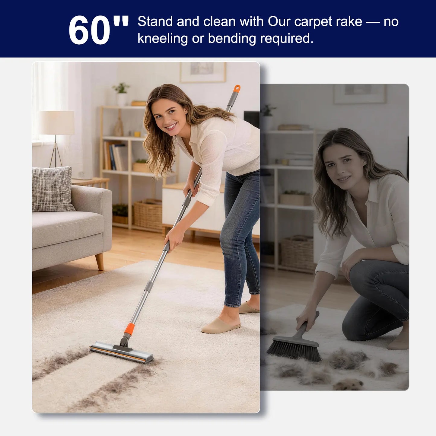 Pet Hair Removal Broom 2-In-1 Reusable Adjustable Long Handle Carpet Rake for Pet Hair Removal, 15 X 3 X 2-In