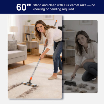 Pet Hair Removal Broom 2-In-1 Reusable Adjustable Long Handle Carpet Rake for Pet Hair Removal, 15 X 3 X 2-In