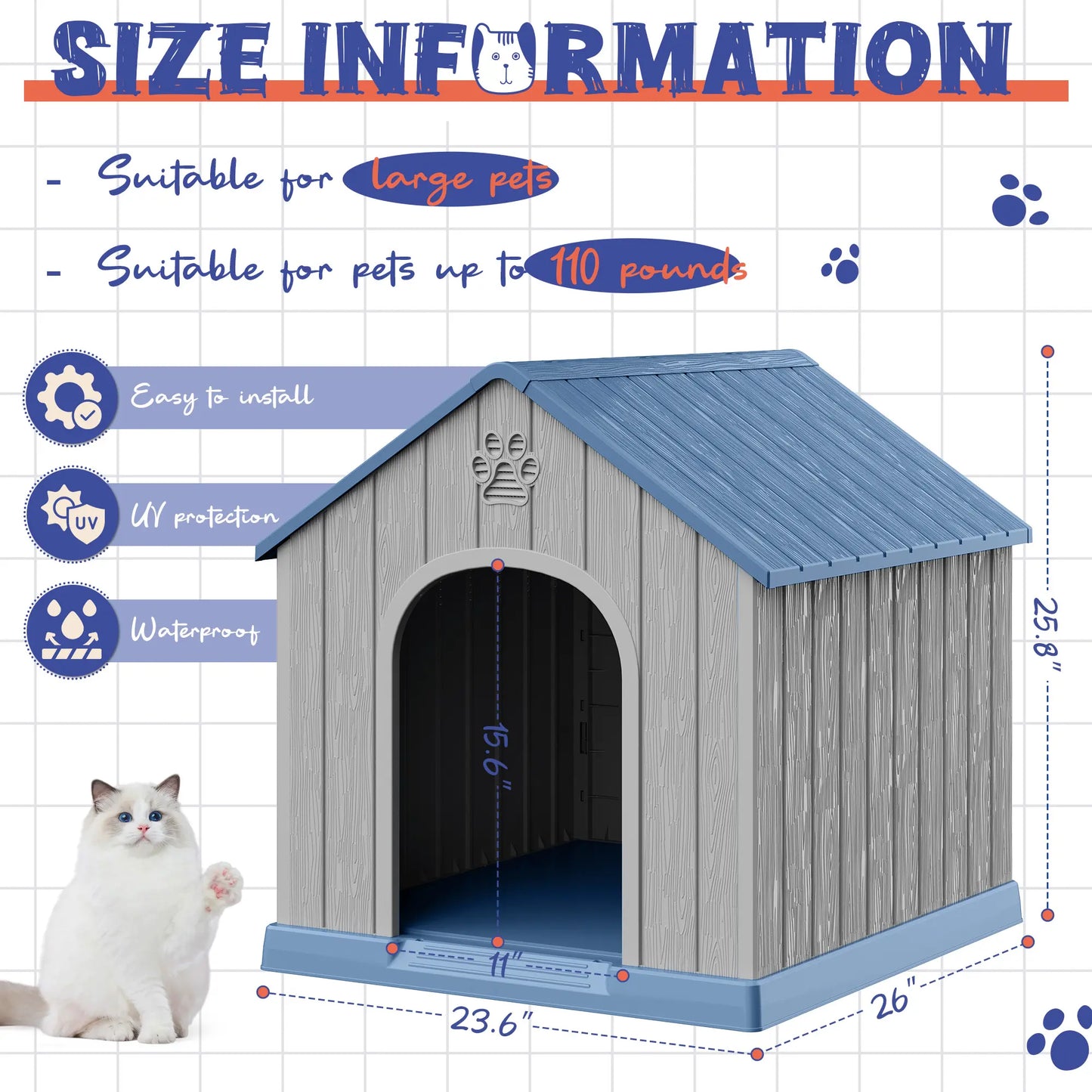 RIWENGO Durable Waterproof Plastic Dog House for Small to Large Sized Dogs Indoor Outdoor Elevated Floor UV Resistant Air Vents Drainage Holes Ground Nails Easy Clean and Assemble