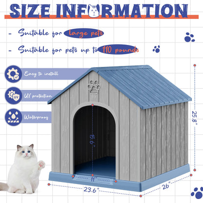 RIWENGO Durable Waterproof Plastic Dog House for Small to Large Sized Dogs Indoor Outdoor Elevated Floor UV Resistant Air Vents Drainage Holes Ground Nails Easy Clean and Assemble