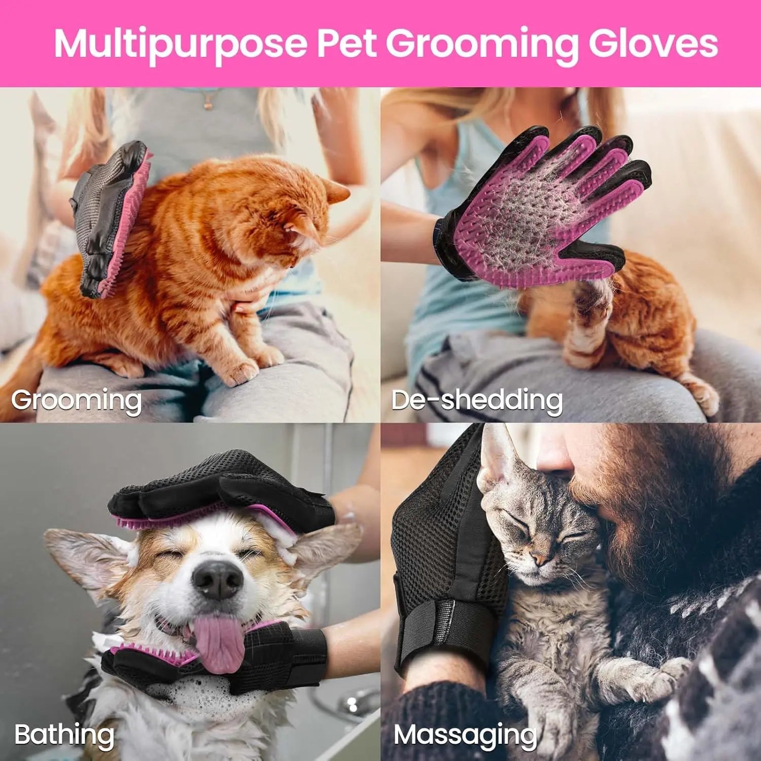 Pet Grooming Gloves, Upgrade Version with Enhanced 255 Silicone Grooming Tips, Hair Remover Mittens for Dogs & Cats, Bath Brush, 2-In-1 Deshedding & Massage Mitt, 5-Finger Flexible Design, for Bathing & Grooming, Safe for Long/Short/Curly Hair Pets