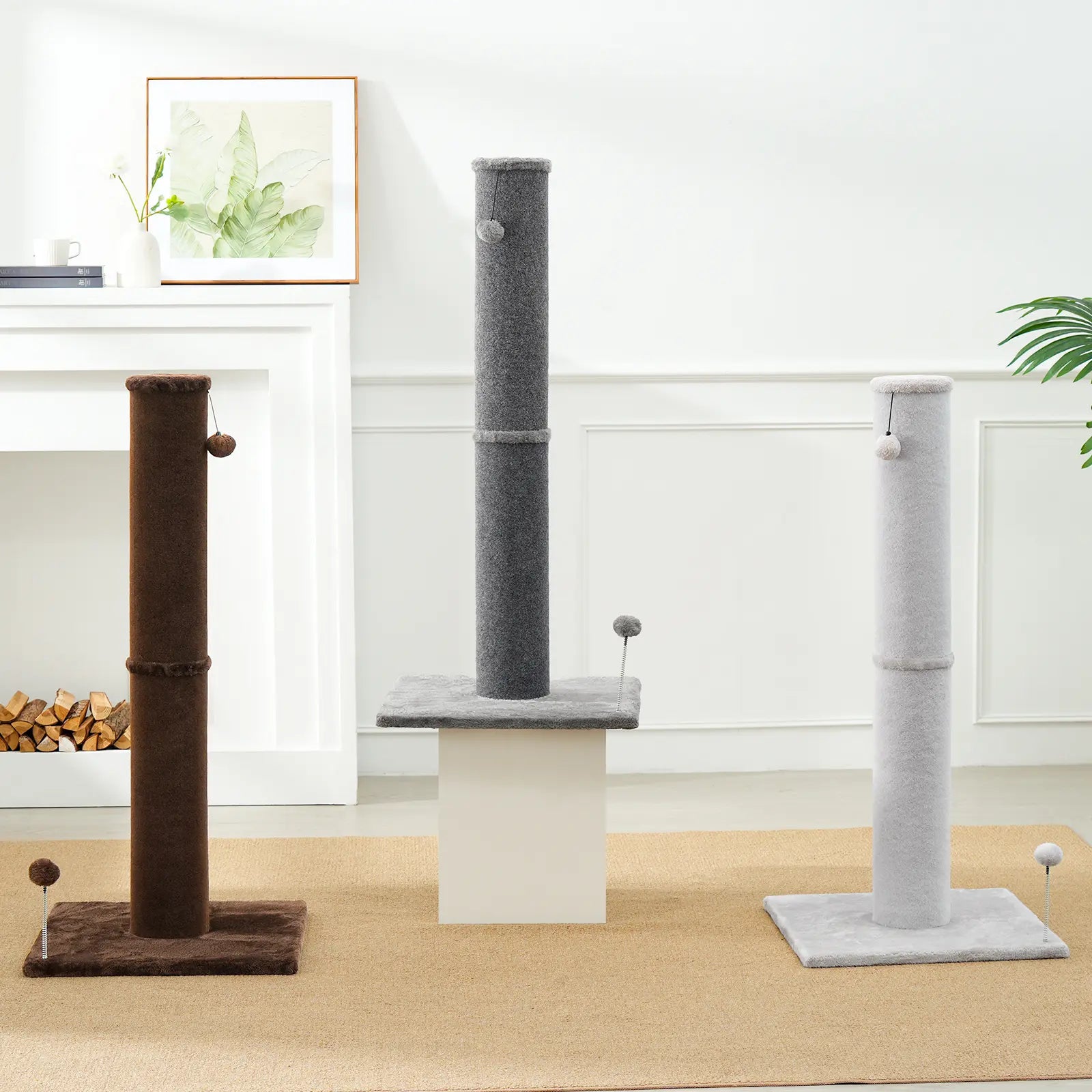 Made4Pets Plain Freestanding Sisal Scratching Post for Indoor Cats, 19.25" L X 19.25" W X 41.73" H, Sturdy Base, Replaceable Spring Toy, Space-Saving Compact Build, Supports Healthy Nails, Vertical Scratcher, Guides Scratching Away from Sofas