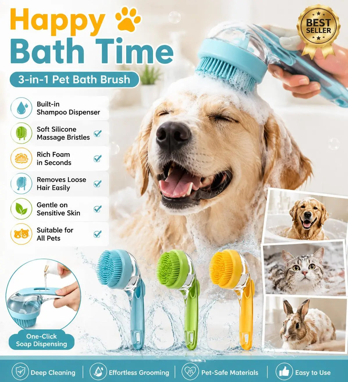 3-In-1 Pet Bath Brush with Shampoo Dispenser for Dogs & Cats, Ergonomic Handle, Gentle Massage Grooming Tool, Easy to Use, Essential Dog Bath Supply, Dog Bath Brush for Long and Short-Haired Dogs and Cats, Shower, Bath Accessory, Pet Shower, Pet, Bath Tim