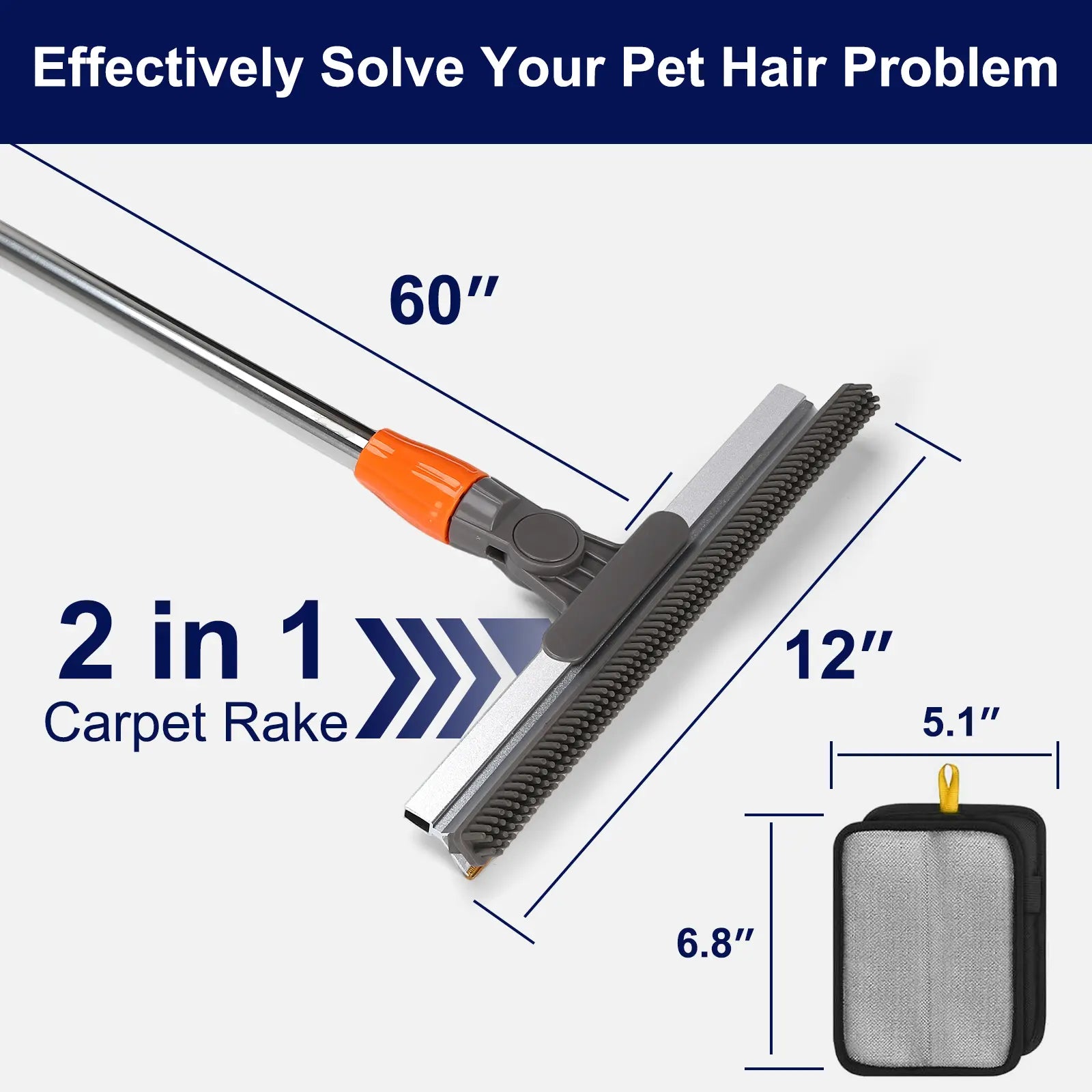 Pet Hair Removal Broom 2-In-1 Reusable Adjustable Long Handle Carpet Rake for Pet Hair Removal, 15 X 3 X 2-In