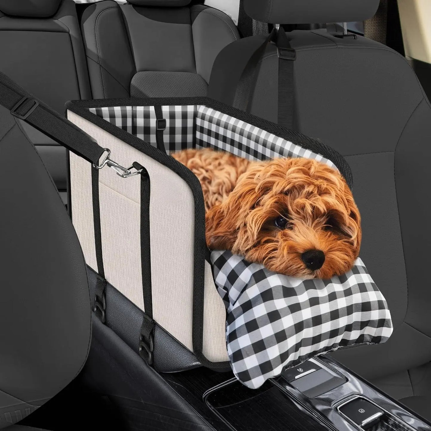 Premium Center Mount Car Pet Booster Seat for Small Cats & Dogs (Under 11 Lbs) - Cars Accessories, Anti-Collapse Carrier Bag, Elevated, Plush Mat, Secure Safety Tether, Plaid Design