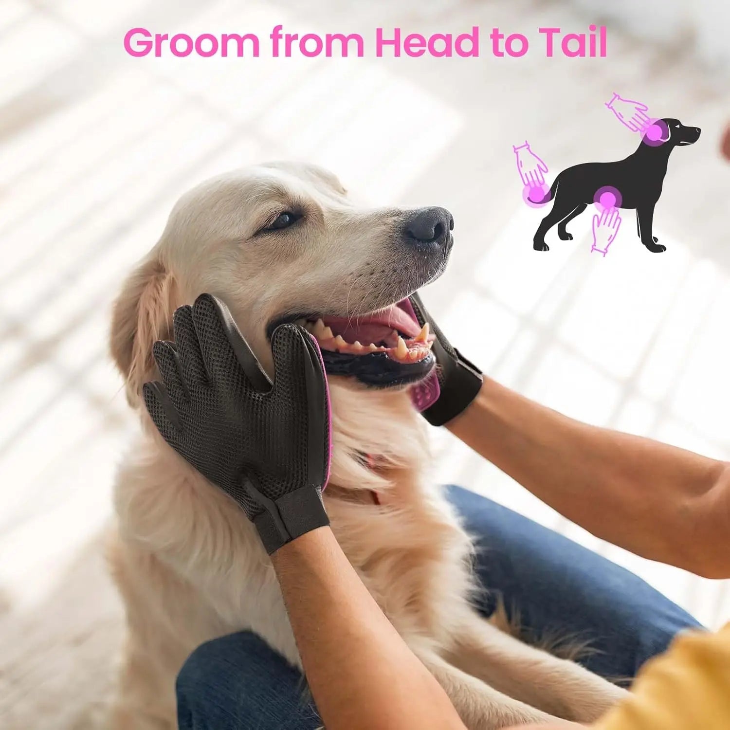 Pet Grooming Gloves, Upgrade Version with Enhanced 255 Silicone Grooming Tips, Hair Remover Mittens for Dogs & Cats, Bath Brush, 2-In-1 Deshedding & Massage Mitt, 5-Finger Flexible Design, for Bathing & Grooming, Safe for Long/Short/Curly Hair Pets