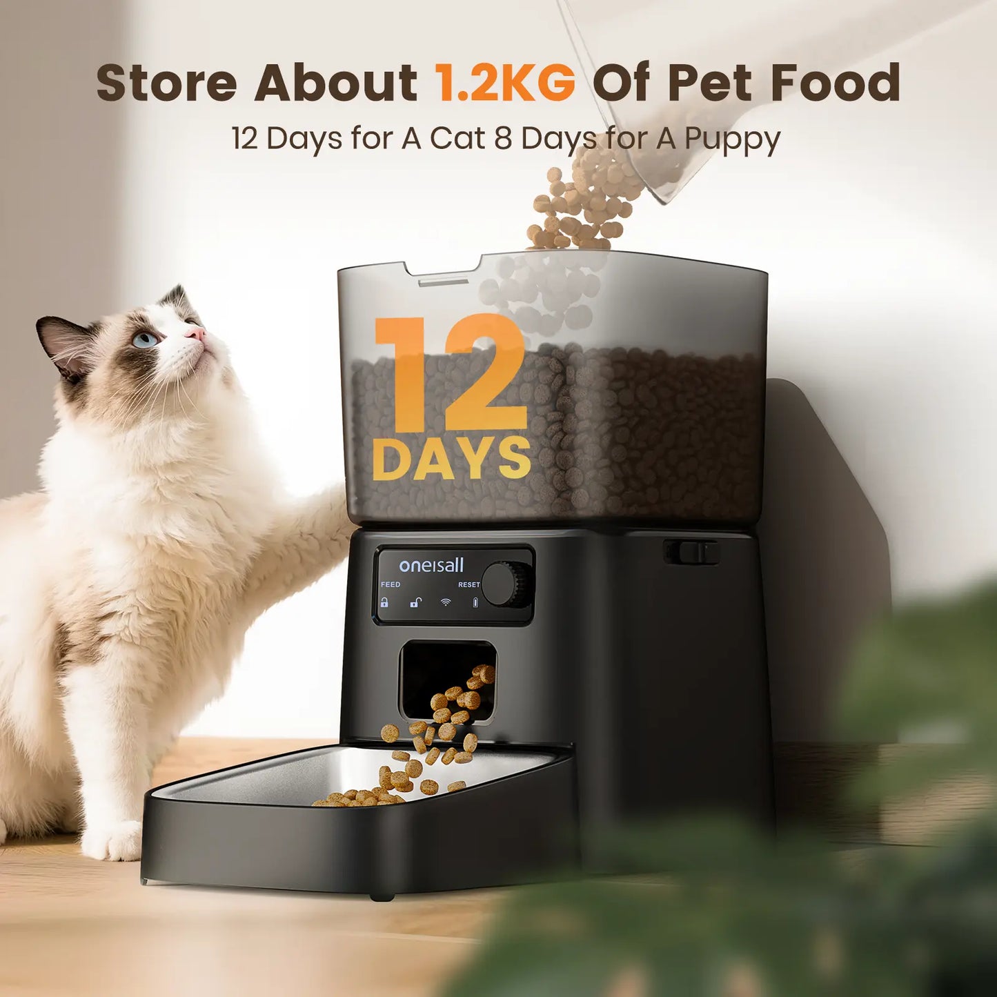 Oneisall Smart Pet Feeder, 3.5L Automatic Food Dispenser for Cats, Dogs，Small Pets Indoor, Timed and Quantitative Dry Food Cat Feeder Kibble, Feeding
