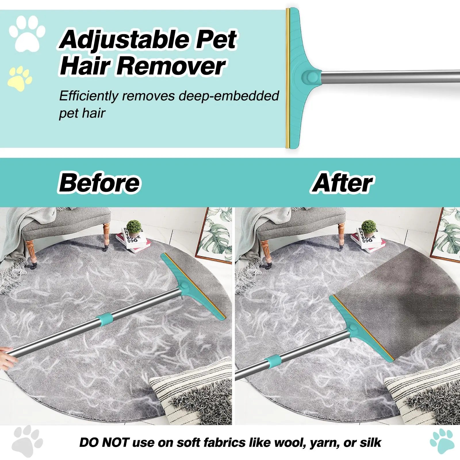 Cat Hair Remover, Adjustable Pet Hair Remover, Pet Cleaning Brush with Hanging Ring, Power Broom, Pet Hair Remover Tool for Carpets Floor Use, Valentine'S Day Gift, Hair Removal