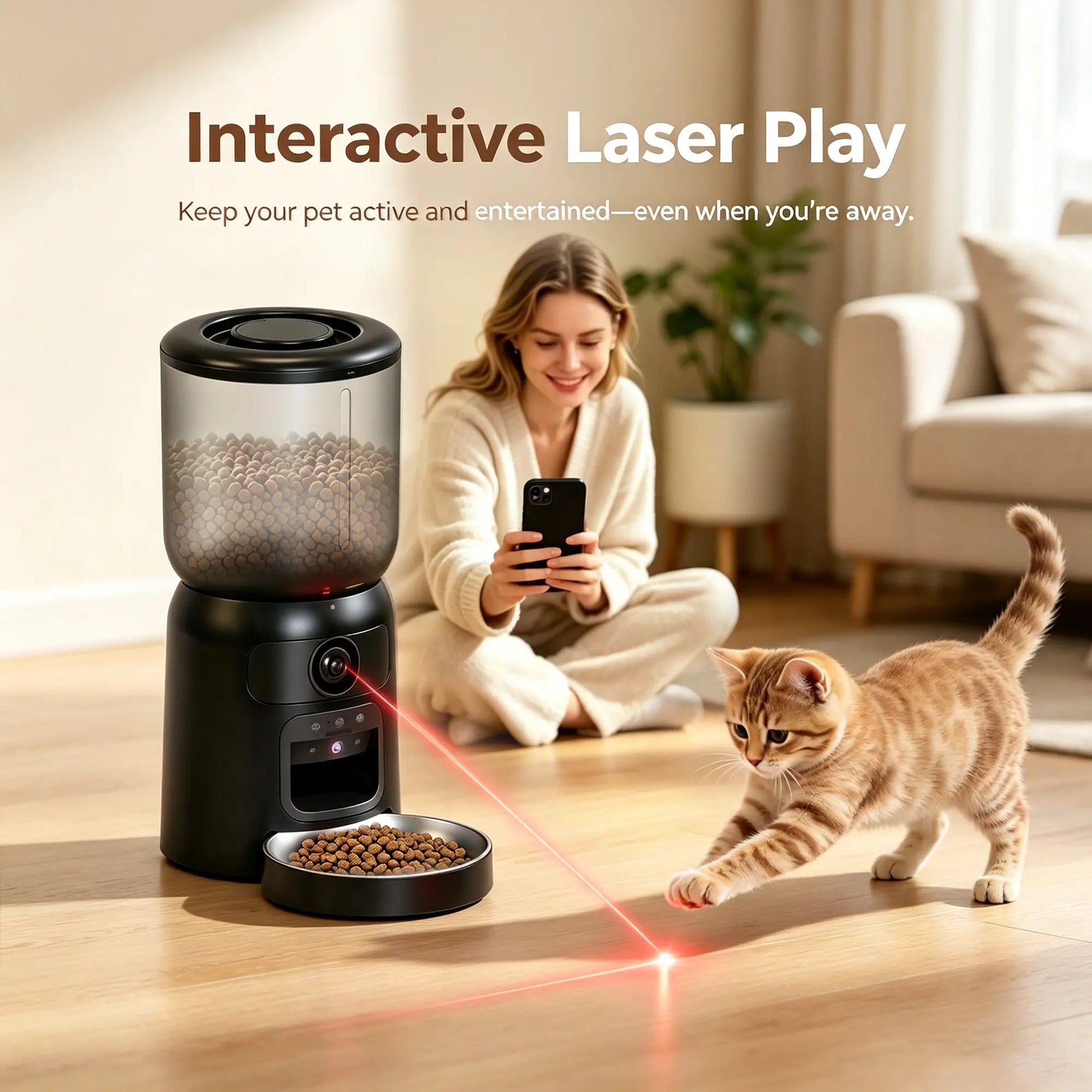 Taleboss Automatic Cat Feeder with Camera, 5L Large Capacity, Laser Toy, 1080P HD, App Control, Night Vision, 2.4/5G Wifi Pet Feeder with 2 Way Audio
