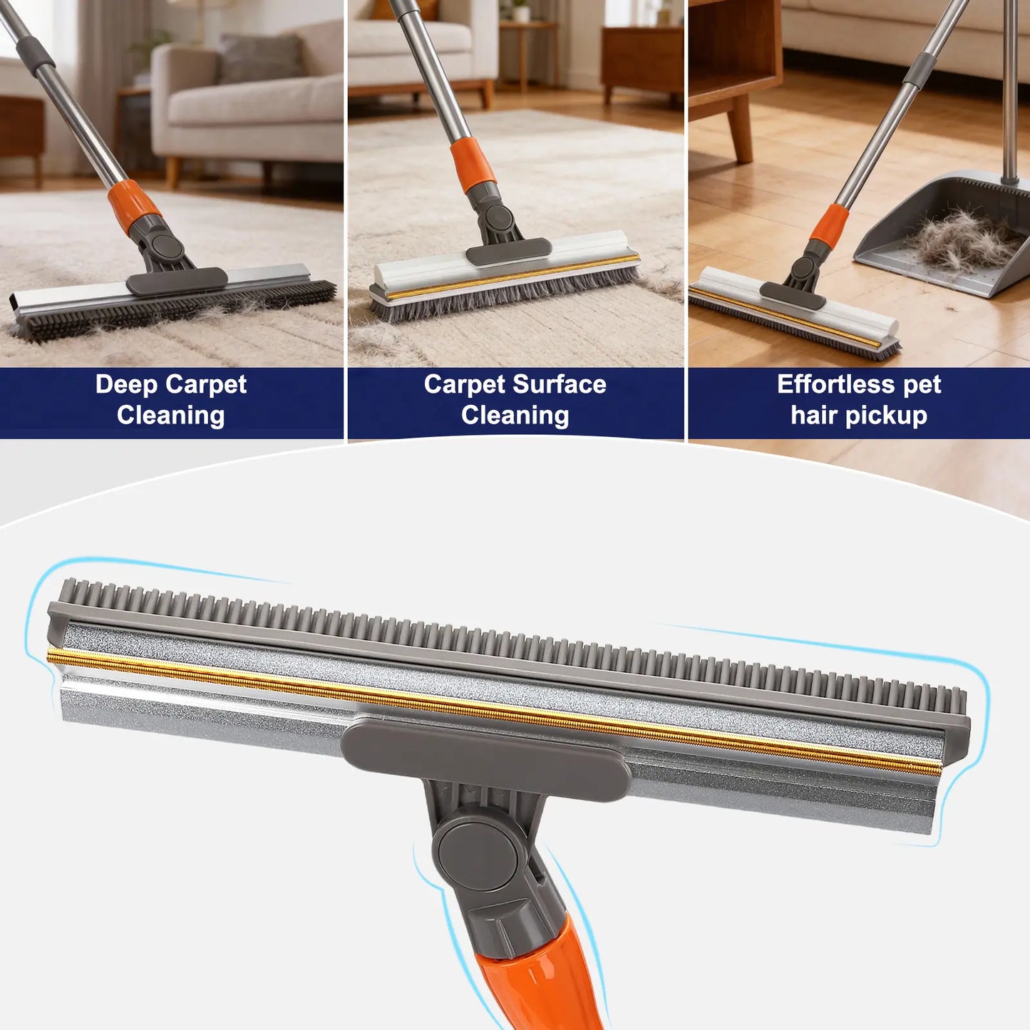 Pet Hair Removal Broom 2-In-1 Reusable Adjustable Long Handle Carpet Rake for Pet Hair Removal, 15 X 3 X 2-In
