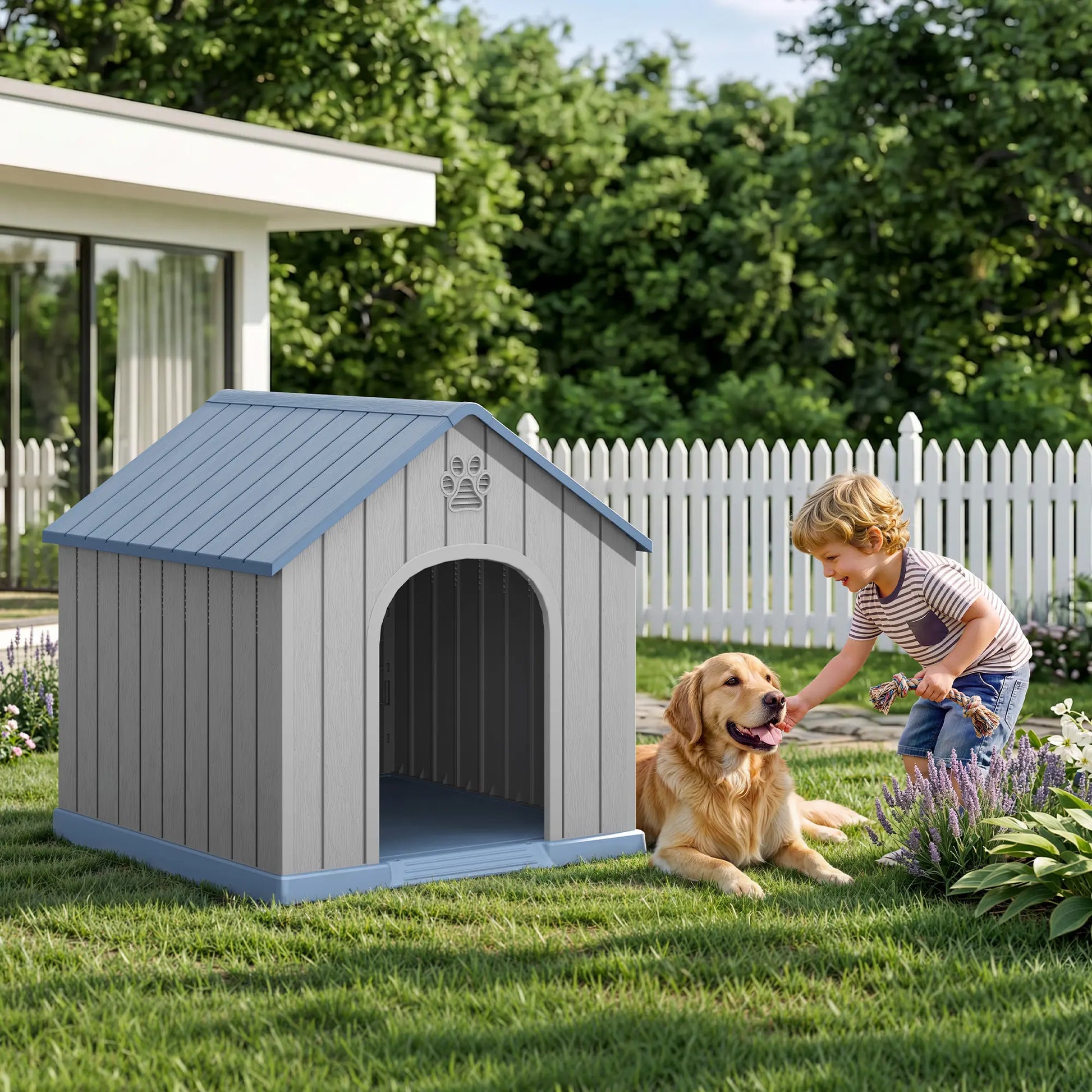 RIWENGO Durable Waterproof Plastic Dog House for Small to Large Sized Dogs Indoor Outdoor Elevated Floor UV Resistant Air Vents Drainage Holes Ground Nails Easy Clean and Assemble