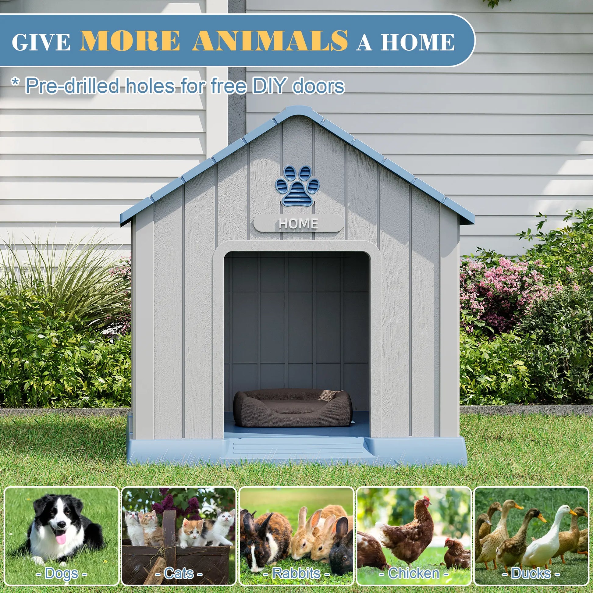 RIWENGO Durable Waterproof Plastic Dog House for Small to Large Sized Dogs Indoor Outdoor Elevated Floor UV Resistant Air Vents Drainage Holes Ground Nails Easy Clean and Assemble
