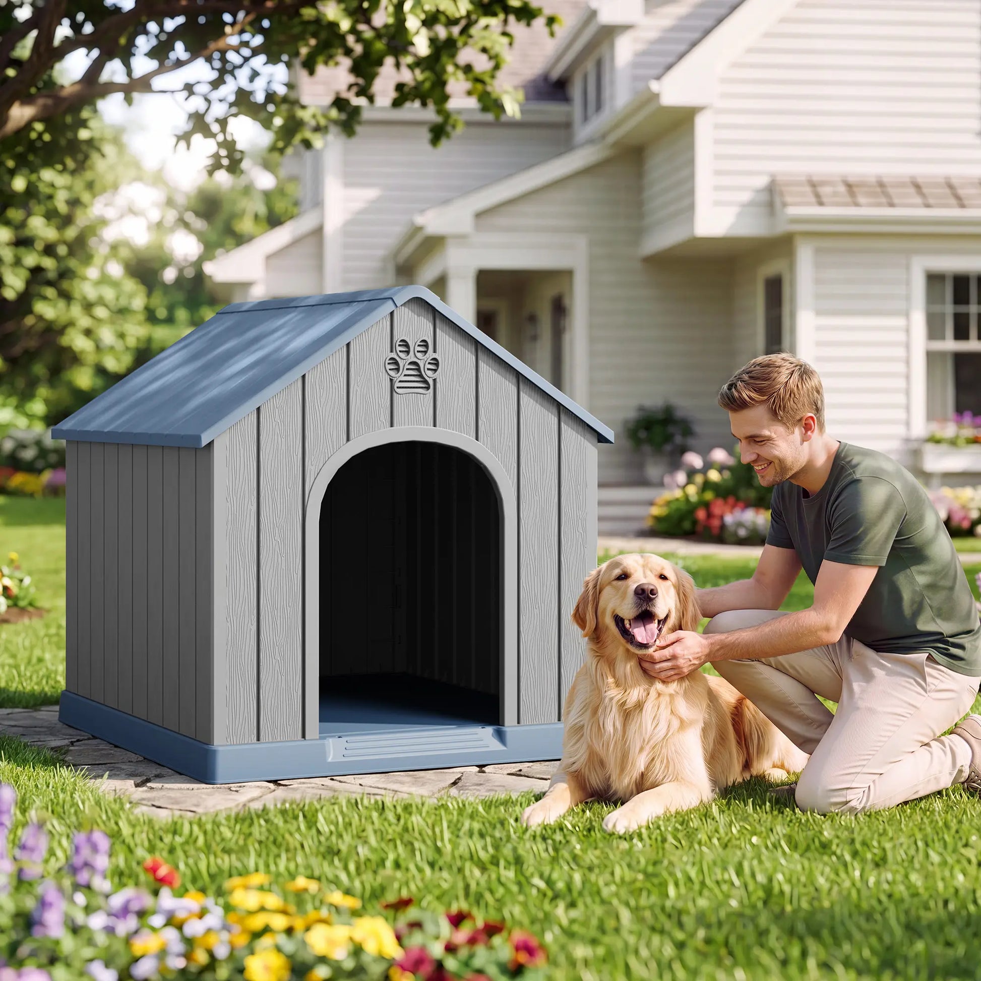 RIWENGO Durable Waterproof Plastic Dog House for Small to Large Sized Dogs Indoor Outdoor Elevated Floor UV Resistant Air Vents Drainage Holes Ground Nails Easy Clean and Assemble