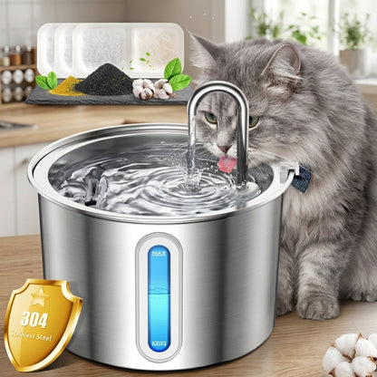 🐱 Oneisall Cat Water Fountain – 2L Stainless Steel Automatic Pet Water Dispenser | LED Water Level Indicator & 3 Filters