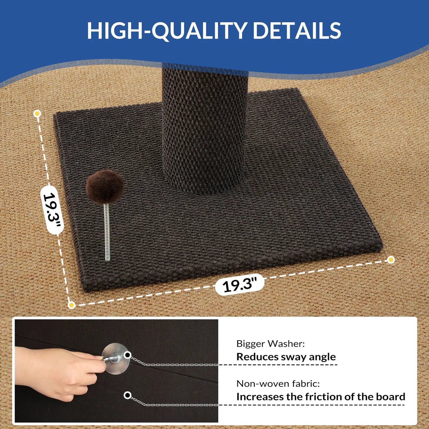Made4Pets Plain Freestanding Sisal Scratching Post for Indoor Cats, 19.25" L X 19.25" W X 41.73" H, Sturdy Base, Replaceable Spring Toy, Space-Saving Compact Build, Supports Healthy Nails, Vertical Scratcher, Guides Scratching Away from Sofas