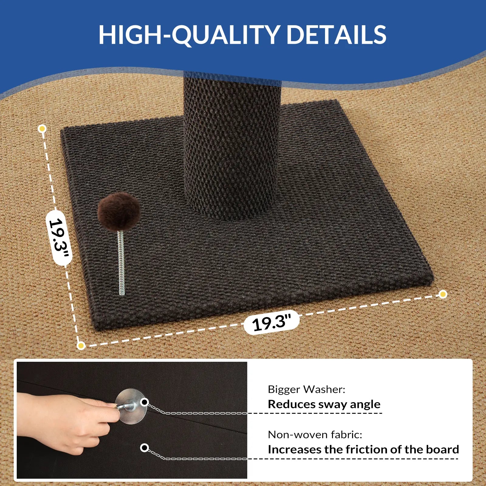 Made4Pets Plain Freestanding Sisal Scratching Post for Indoor Cats, 19.25" L X 19.25" W X 41.73" H, Sturdy Base, Replaceable Spring Toy, Space-Saving Compact Build, Supports Healthy Nails, Vertical Scratcher, Guides Scratching Away from Sofas
