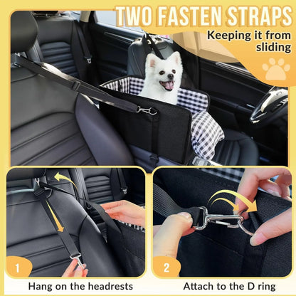 Premium Center Mount Car Pet Booster Seat for Small Cats & Dogs (Under 11 Lbs) - Cars Accessories, Anti-Collapse Carrier Bag, Elevated, Plush Mat, Secure Safety Tether, Plaid Design