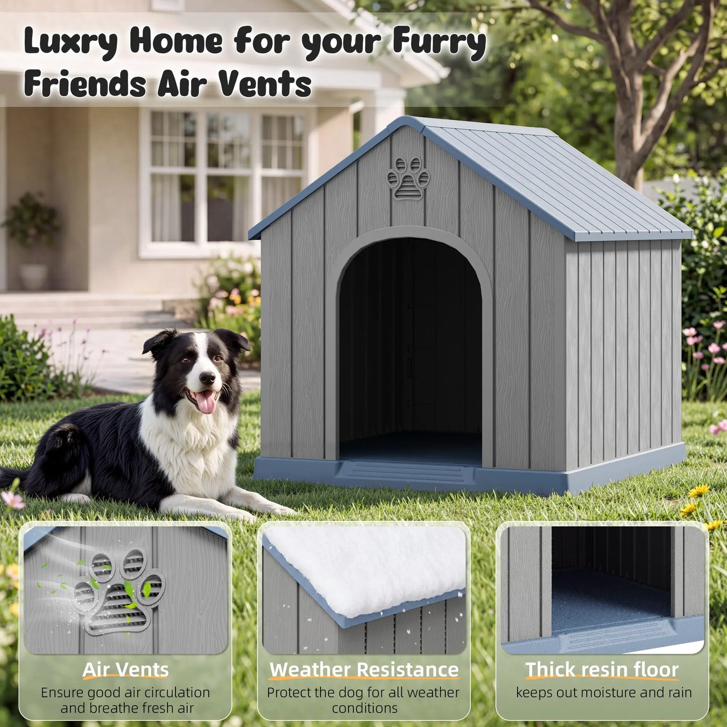 RIWENGO Durable Waterproof Plastic Dog House for Small to Large Sized Dogs Indoor Outdoor Elevated Floor UV Resistant Air Vents Drainage Holes Ground Nails Easy Clean and Assemble