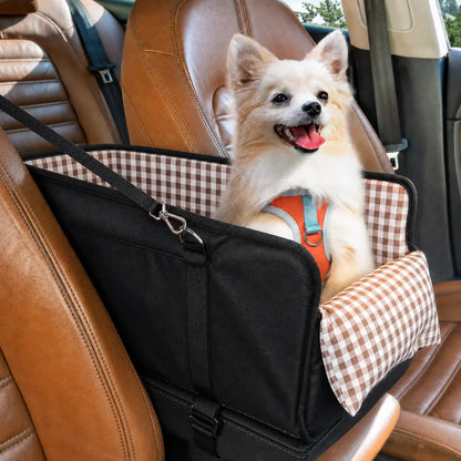 Premium Center Mount Car Pet Booster Seat for Small Cats & Dogs (Under 11 Lbs) - Cars Accessories, Anti-Collapse Carrier Bag, Elevated, Plush Mat, Secure Safety Tether, Plaid Design
