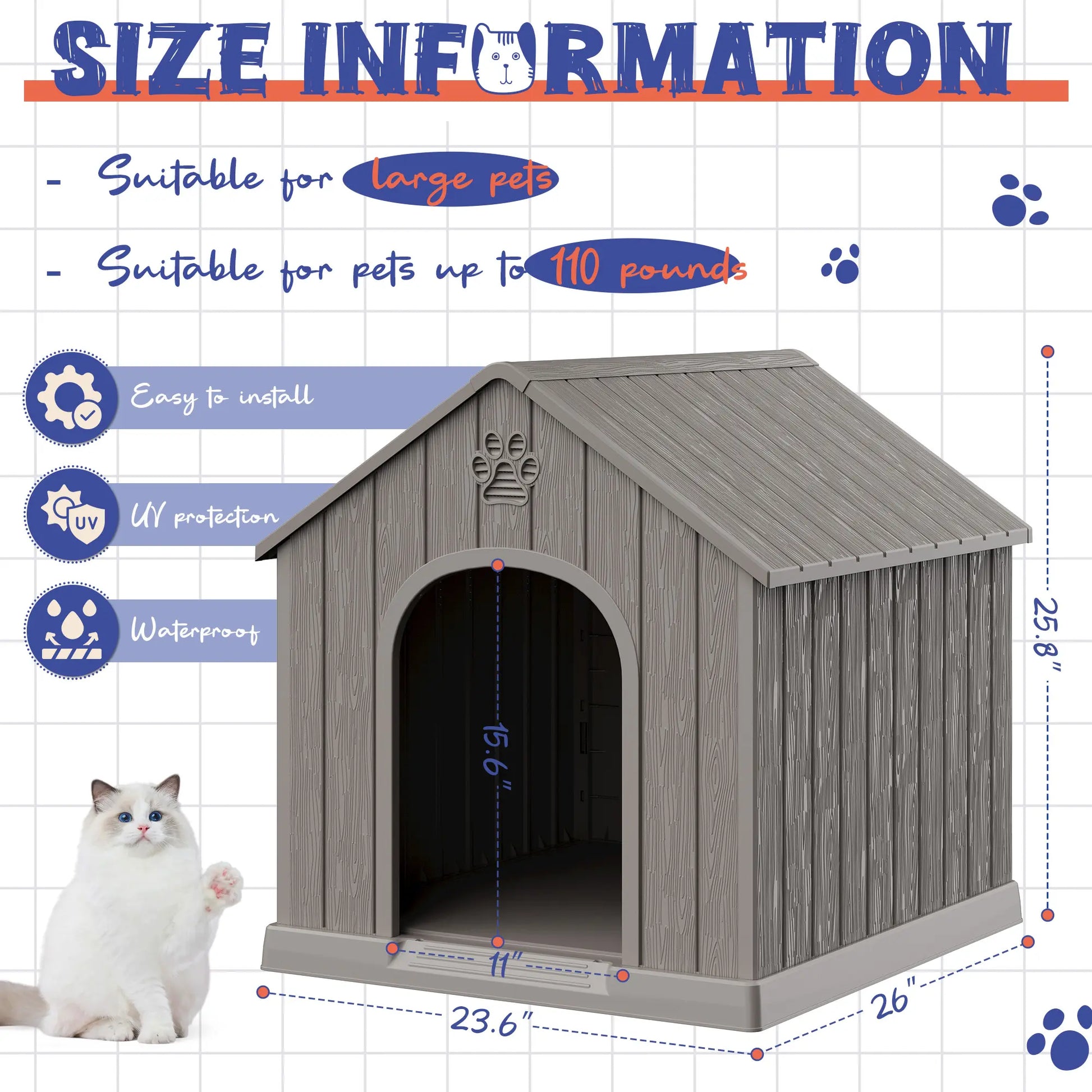 RIWENGO Durable Waterproof Plastic Dog House for Small to Large Sized Dogs Indoor Outdoor Elevated Floor UV Resistant Air Vents Drainage Holes Ground Nails Easy Clean and Assemble
