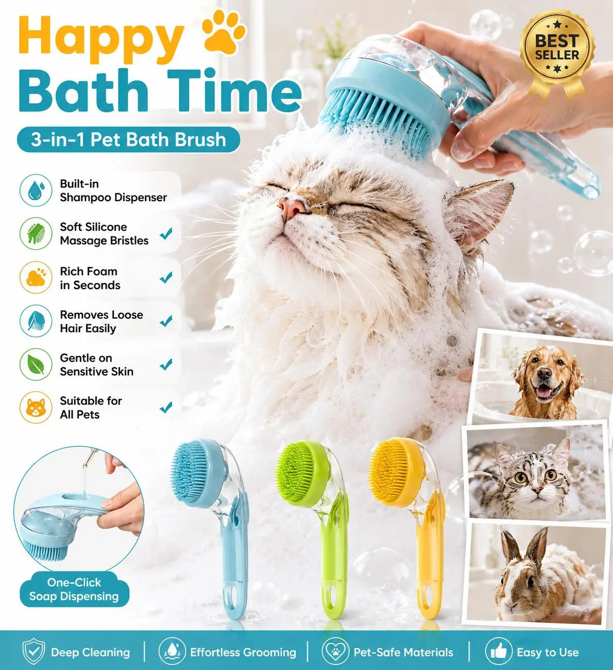 3-In-1 Pet Bath Brush with Shampoo Dispenser for Dogs & Cats, Ergonomic Handle, Gentle Massage Grooming Tool, Easy to Use, Essential Dog Bath Supply, Dog Bath Brush for Long and Short-Haired Dogs and Cats, Shower, Bath Accessory, Pet Shower, Pet, Bath Tim