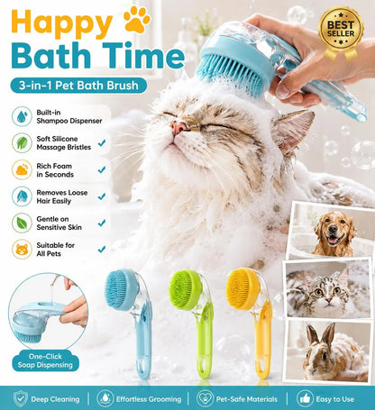 3-In-1 Pet Bath Brush with Shampoo Dispenser for Dogs & Cats, Ergonomic Handle, Gentle Massage Grooming Tool, Easy to Use, Essential Dog Bath Supply, Dog Bath Brush for Long and Short-Haired Dogs and Cats, Shower, Bath Accessory, Pet Shower, Pet, Bath Tim