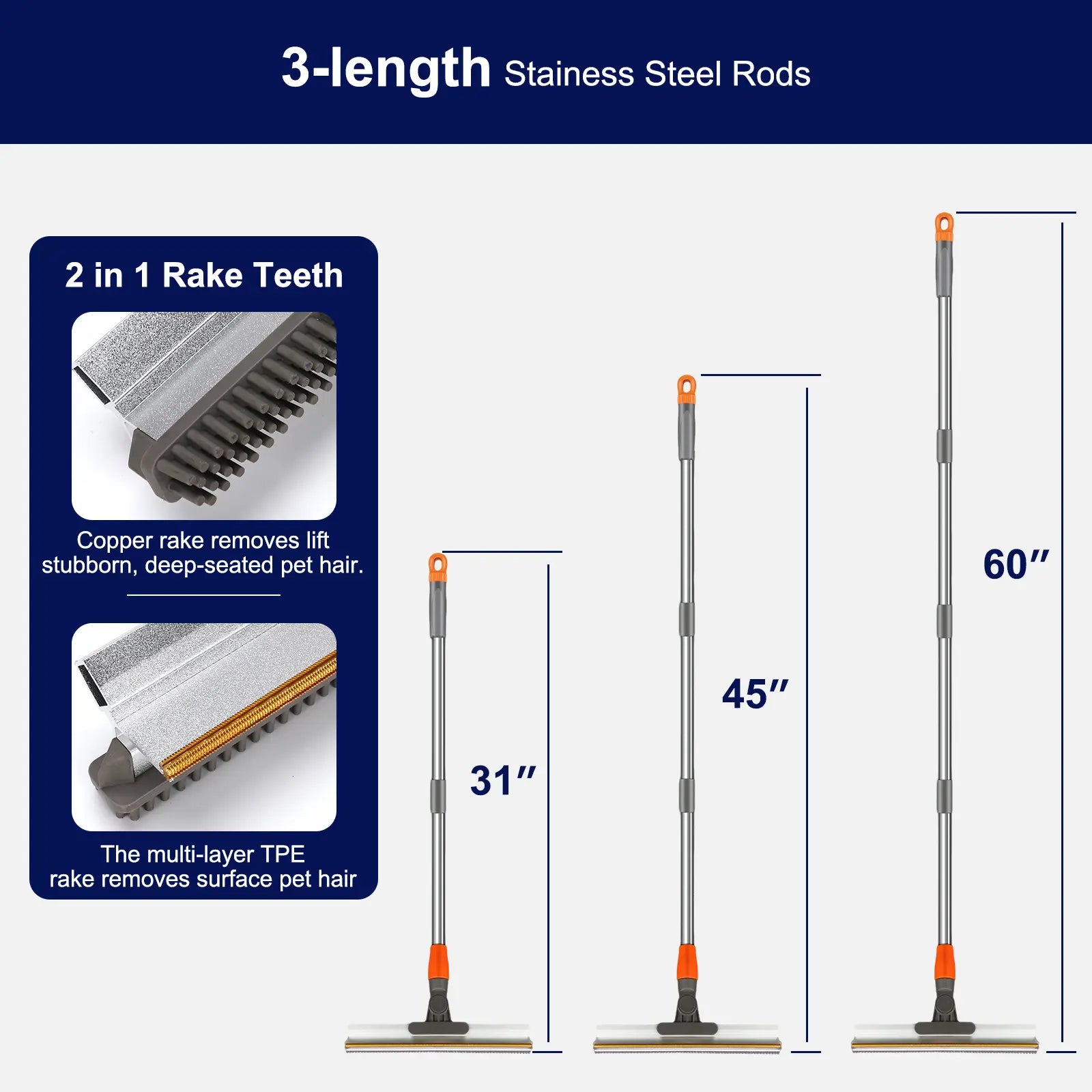 Pet Hair Removal Broom 2-In-1 Reusable Adjustable Long Handle Carpet Rake for Pet Hair Removal, 15 X 3 X 2-In