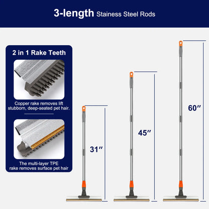 Pet Hair Removal Broom 2-In-1 Reusable Adjustable Long Handle Carpet Rake for Pet Hair Removal, 15 X 3 X 2-In