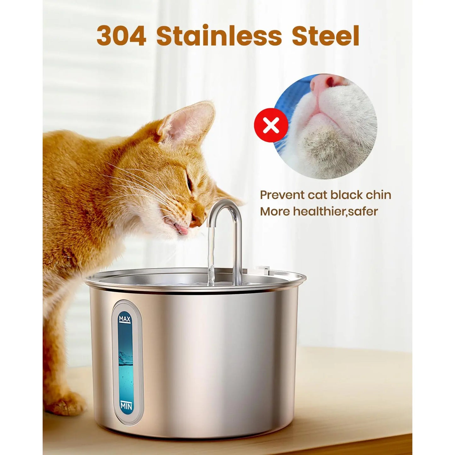Oneisall Cat Water Fountain with 3 Replacement Filters,304 Stainless Steel, 2L/67Oz Automatic Water Fountain for Cats , Visual Water Level Window with Led,Gift for Pet