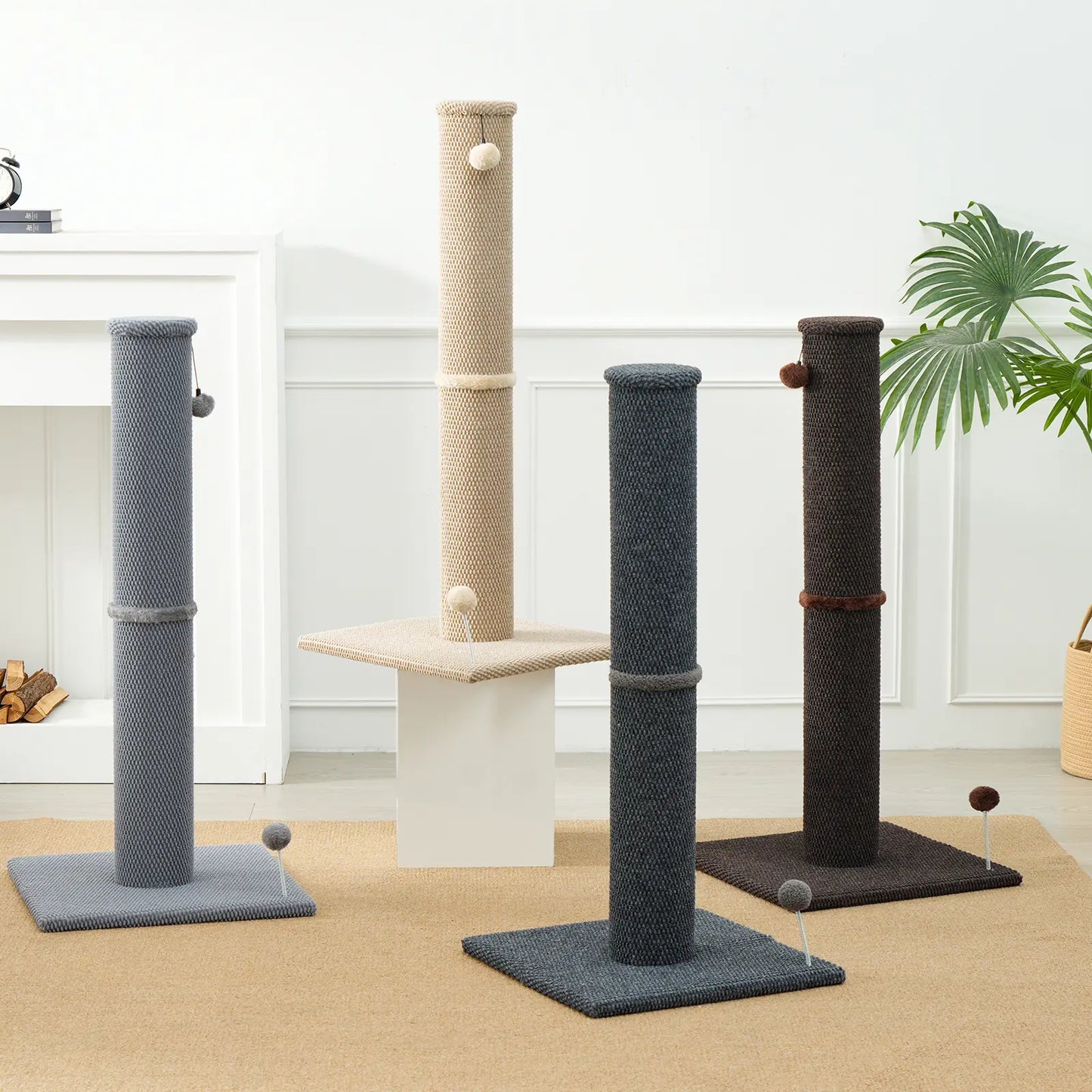 Made4Pets Plain Freestanding Sisal Scratching Post for Indoor Cats, 19.25" L X 19.25" W X 41.73" H, Sturdy Base, Replaceable Spring Toy, Space-Saving Compact Build, Supports Healthy Nails, Vertical Scratcher, Guides Scratching Away from Sofas