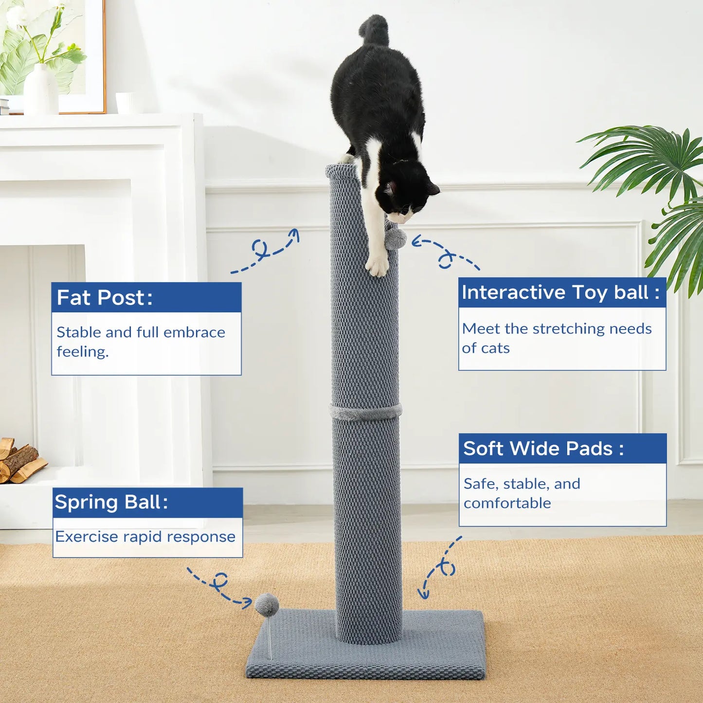 Made4Pets Plain Freestanding Sisal Scratching Post for Indoor Cats, 19.25" L X 19.25" W X 41.73" H, Sturdy Base, Replaceable Spring Toy, Space-Saving Compact Build, Supports Healthy Nails, Vertical Scratcher, Guides Scratching Away from Sofas