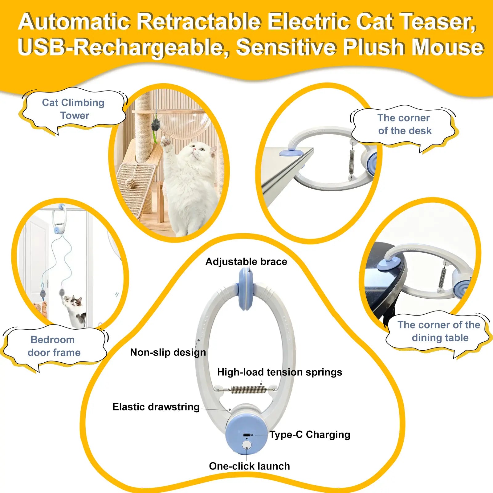 Rechargeable Electric Cat Teaser Toy - Remote Control, Clip on Door Frame, Automatic Interactive, Mice Shape, Universal Fit, Stylish Touch Kitty Toy for Cat Exercise & Fun (Blue)