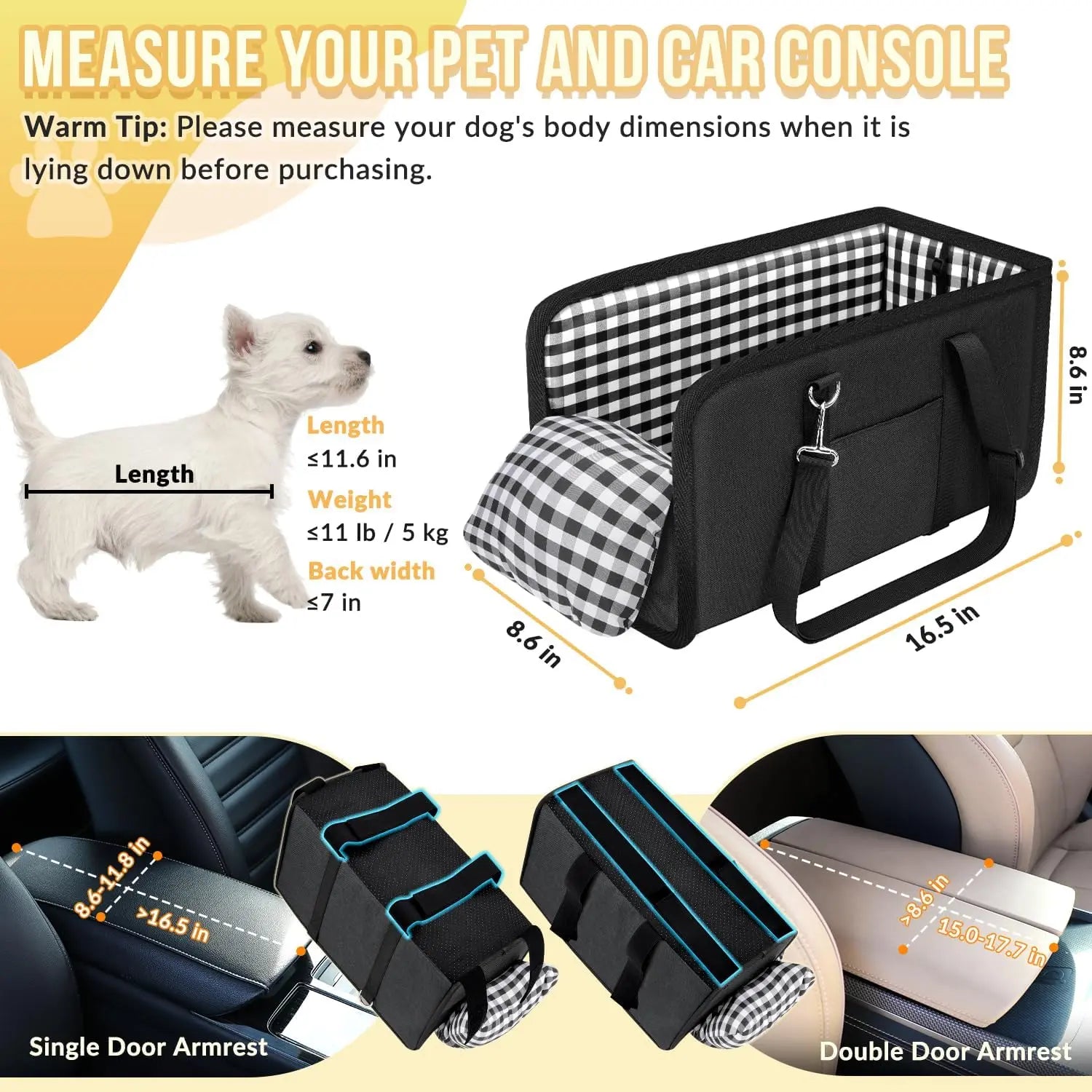 Premium Center Mount Car Pet Booster Seat for Small Cats & Dogs (Under 11 Lbs) - Cars Accessories, Anti-Collapse Carrier Bag, Elevated, Plush Mat, Secure Safety Tether, Plaid Design