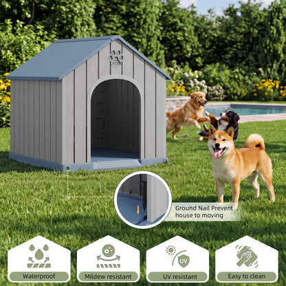 RIWENGO Durable Waterproof Plastic Dog House for Small to Large Sized Dogs Indoor Outdoor Elevated Floor UV Resistant Air Vents Drainage Holes Ground Nails Easy Clean and Assemble